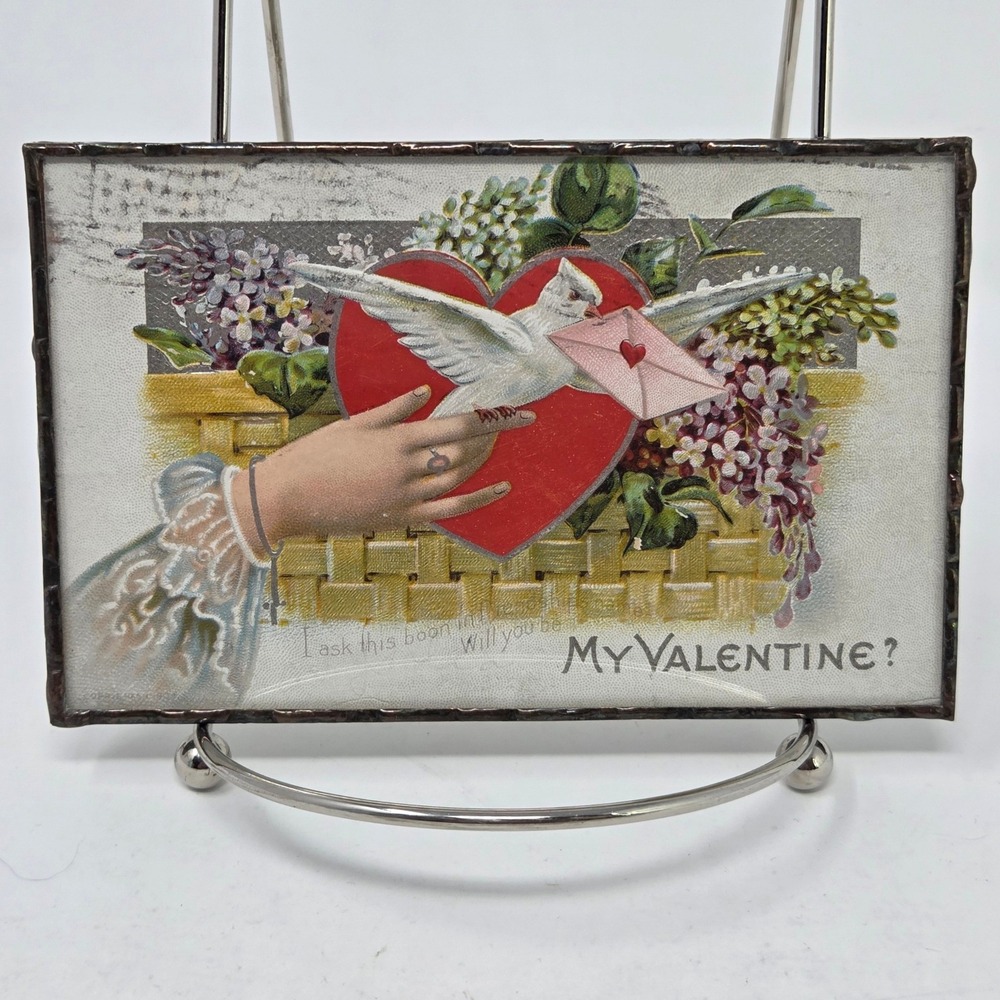 1909 E Nash Antique Valentine Postcard Soldered Glass Frame Dove Heart Muncie IN